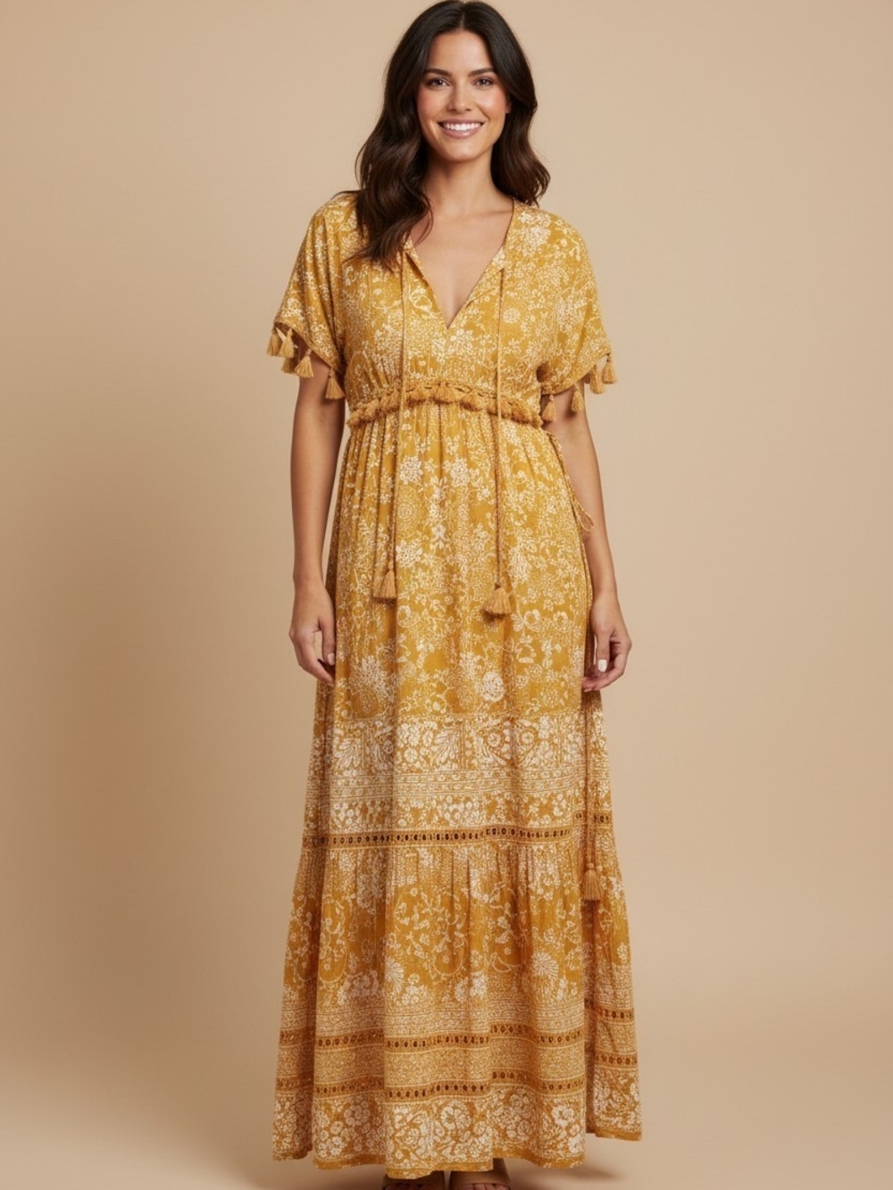 Yireh Mustard Floral Maxi Boho Dress with Tassel Waist